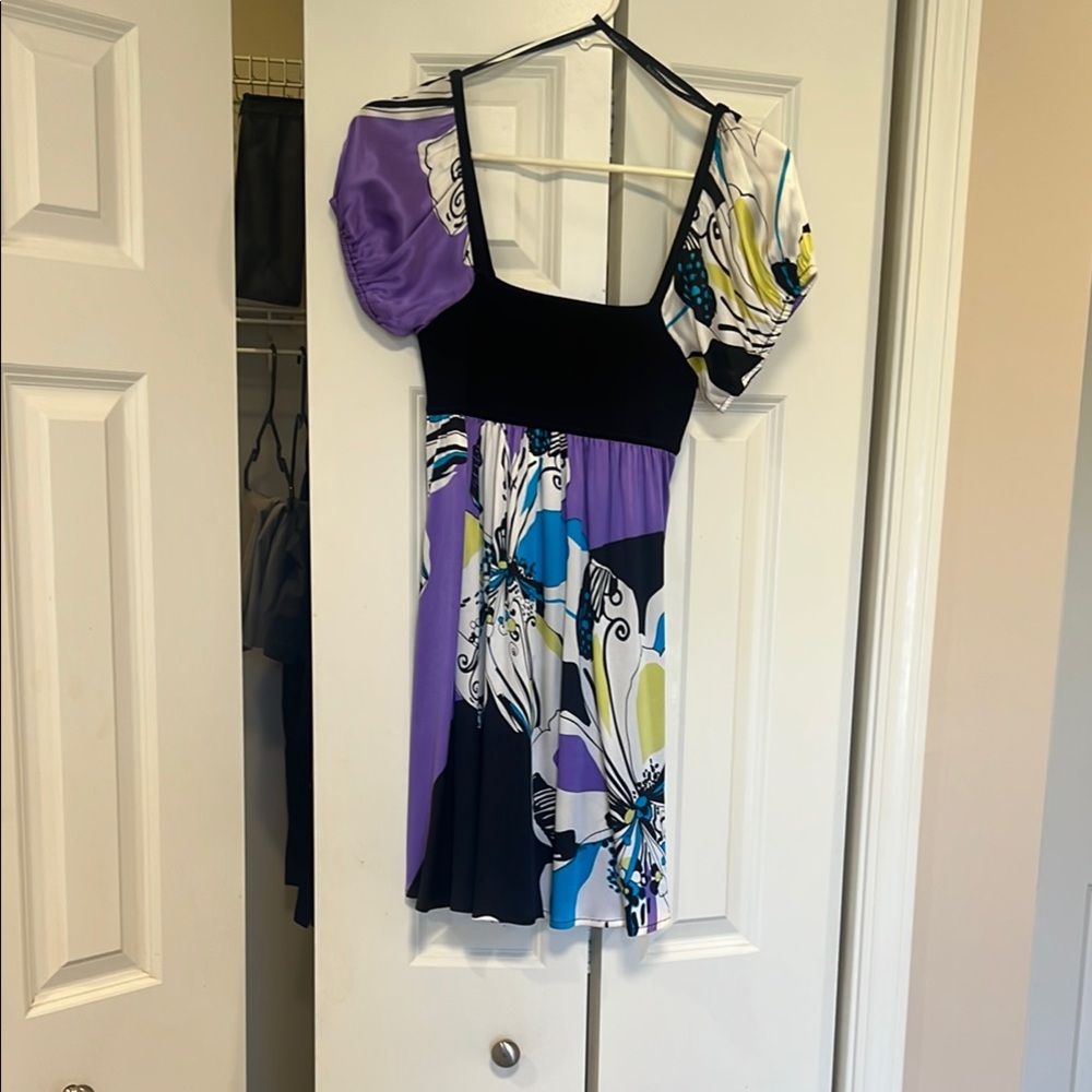Bebe Black and Purple Sleeveless Mini Sundress